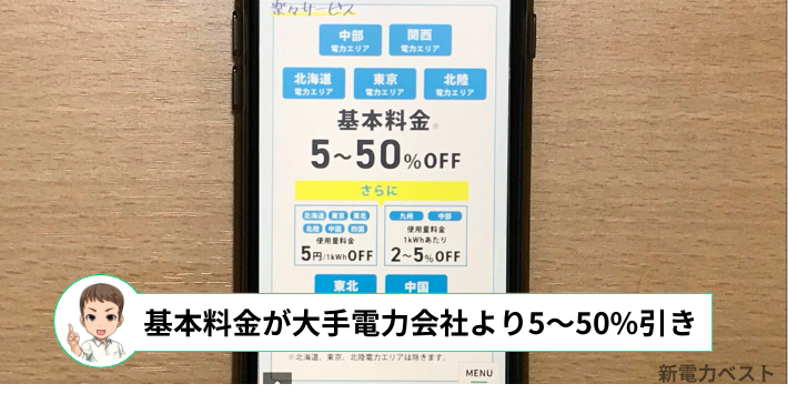 オール電化プランの基本料金は、大手電力会社より5~50%安い