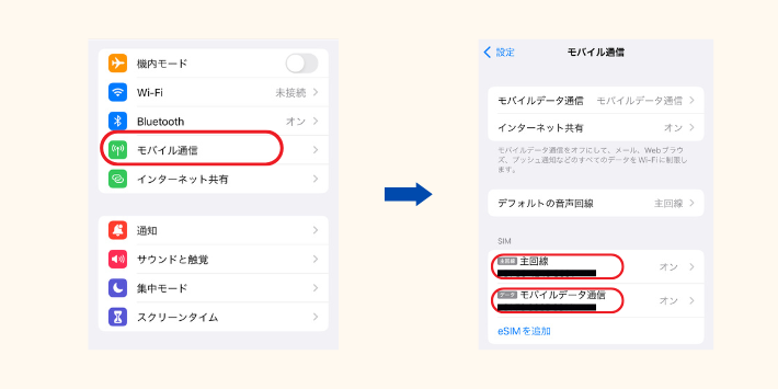 iPhoneの設定からモバイル通信を選択する