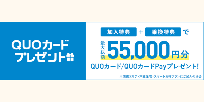 加入特典と乗り換え特典で最大55,000円分QUOカードペイプレゼント