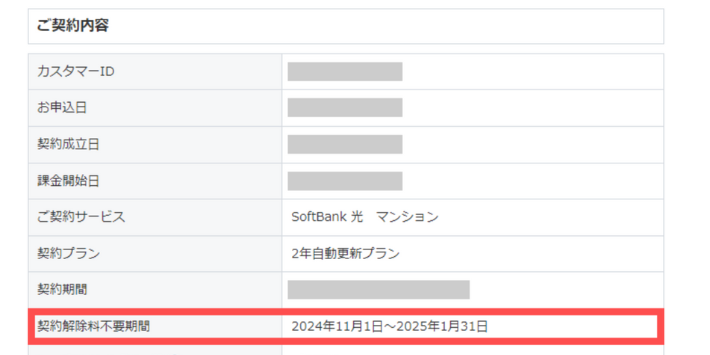 「ご契約内容」の「契約プラン」「契約期間」「契約解除料不要期間」を確認